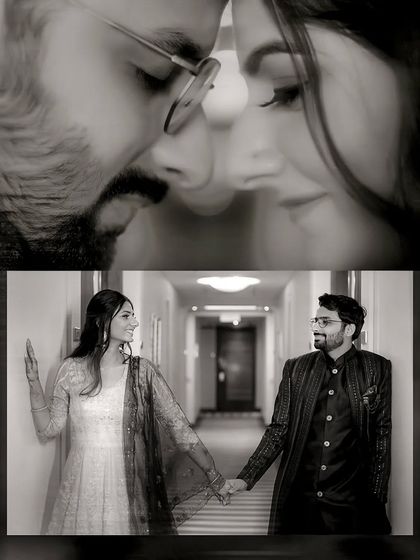 A collage of black and white portraits, focusing on close-up, intimate moments and the tender connection between the couple.