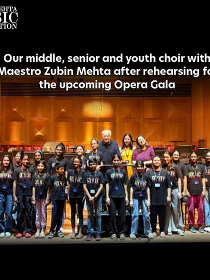 Our middle, senior, and youth choirs pose with Maestro Zubin Mehta after a rehearsal for the Opera Gala. This photo captures the excitement and pride of our students in working with a living legend.