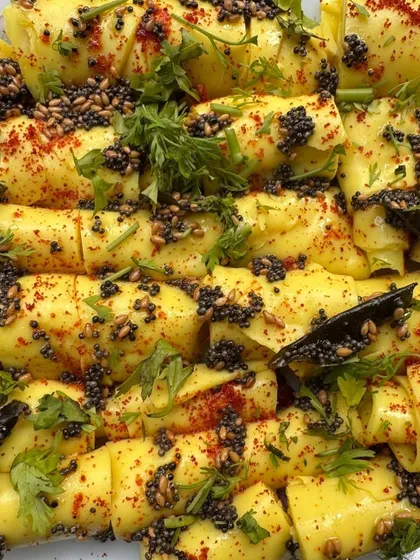 Our Khandvi is a true labour of love, made from scratch using a traditional recipe. These soft, delicate rolls are tempered with mustard seeds and garnished with fresh coriander, making them a perfect Gujarati snack for any occasion.
