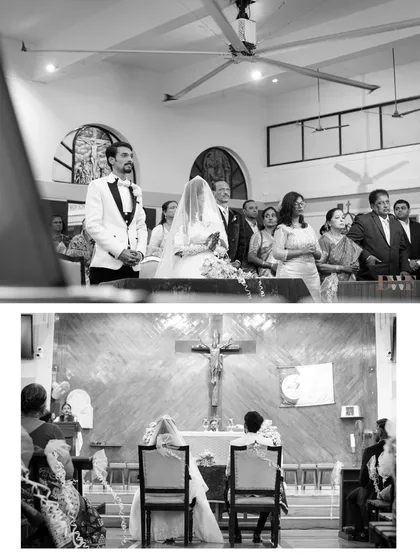 A black and white collage of a Christian wedding ceremony, capturing the solemn vows and prayers inside the church.
