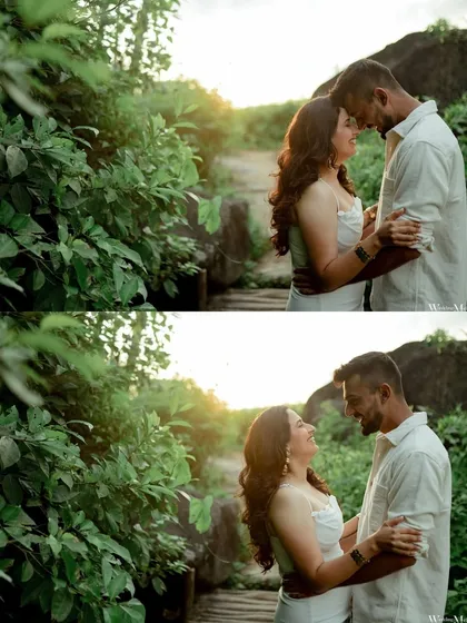 A diptych capturing an intimate moment amidst lush greenery by the Goan coast. The warm sunset light filters through the leaves, creating a magical and romantic glow.