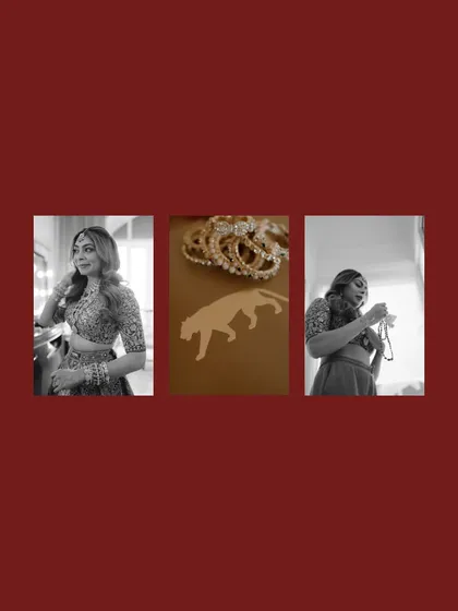 A simple, elegant collage showing the bride getting ready, with a focus on the iconic Sabyasachi tiger logo, a symbol of her designer look.