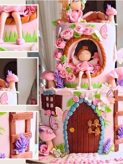 A collage showing the intricate details of a magical fairy house cake, from the tiny door to the fondant fairies.