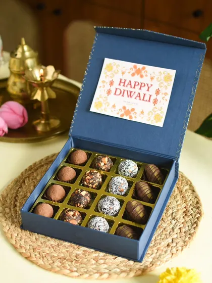 My Healthy Bites Hamper, presented with a Happy Diwali card in a festive setting.