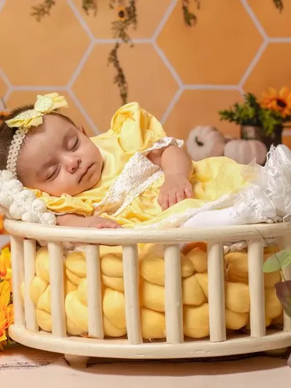 A sweet newborn sleeping in a basket as part of our sunflower and bee theme, showing how I can incorporate themes even for the tiniest clients.