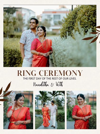 A beautiful collage from a ring ceremony, showcasing portraits of the bride and candid moments of the couple in a garden setting.