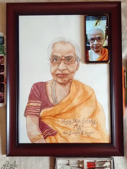 A touching handmade watercolor portrait for a grandmother's 90th birthday, a truly special and personal gift.
