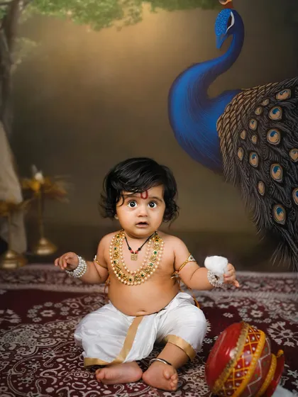 A solo portrait of a baby boy dressed as Krishna, with a peacock in the background. His wide-eyed expression is absolutely captivating.
