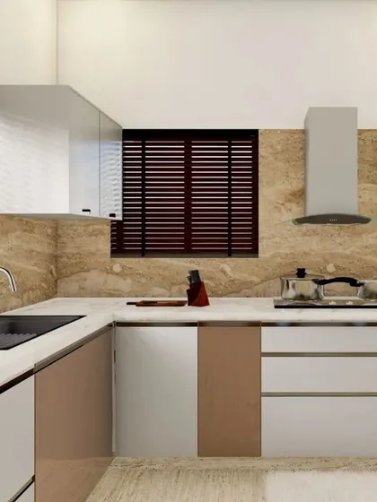 A duplicate of 65, focusing on the functional corner of the kitchen with its sink, hob, and storage.