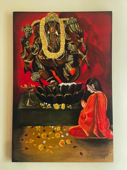 This large acrylic on canvas painting of Lord Ganesha was one of my most challenging and rewarding projects. It depicts a devotee in prayer, surrounded by offerings of flowers and light.