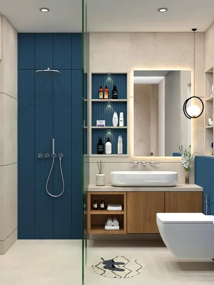 A 3D render of a bathroom design featuring a striking blue tiled shower area and a wooden vanity. The design incorporates both open and closed storage, along with a backlit mirror for a modern touch.