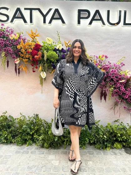 Wearing a monochrome printed kaftan from Satya Paul for their new store launch at The Dhan Mill. It's a chic, resort wear look that perfectly captures the brand's iconic design aesthetic.