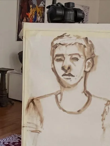 The initial drawing stage for Harsh's portrait. This monochrome underpainting helps establish the values and structure before I introduce a full color palette.
