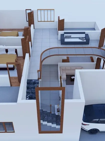 A 3D floor plan that brings a home's layout to life. This visualization tool helps you understand the flow between rooms, the scale of the space, and how different areas connect, like the curved staircase and open-plan living area.
