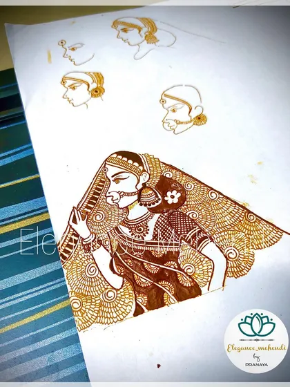 For my advanced students, we move on to figure work. Here you can see the practice sketches for creating a traditional bride figure, focusing on posture, jewelry, and expressions.