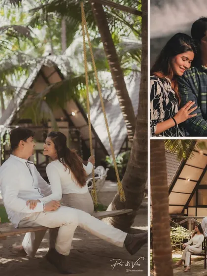 A collage showcasing a pre-wedding shoot at a tropical resort, featuring a swing, cozy cabins, and relaxed portraits.