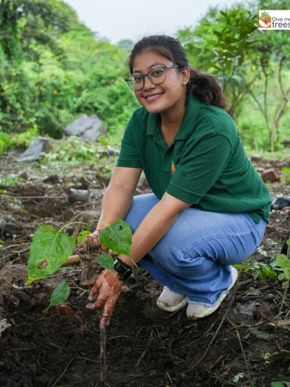 A smiling volunteer from Marsh India gets her hands muddy planting a native sapling. Her expression says it all: doing good feels good.