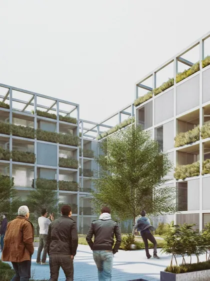 The central plaza of Pixel Housing is a vibrant community space for residents of all ages.