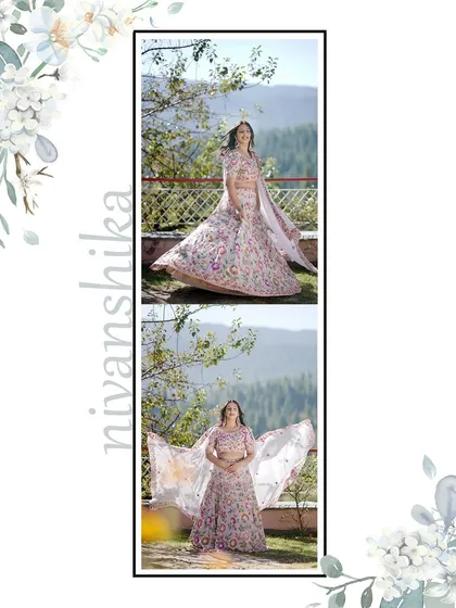 A vertical collage of a bride twirling in her beautiful floral lehenga during her outdoor Mehandi ceremony in the mountains.