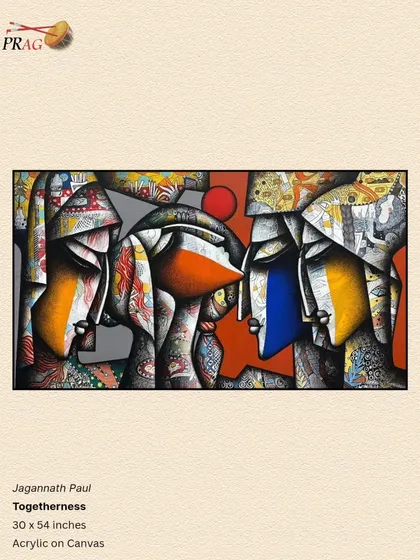This powerful abstract work, 'Togetherness' by Jagannath Paul, explores human connection through bold forms and a dynamic color palette. The interplay of faces and shapes creates a visual dialogue that is both modern and deeply emotional, making it a significant piece for art investors and connoisseurs.
