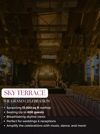 This graphic details the key features of the Sky Terrace, emphasizing its suitability for grand celebrations like weddings and receptions with music and dance.