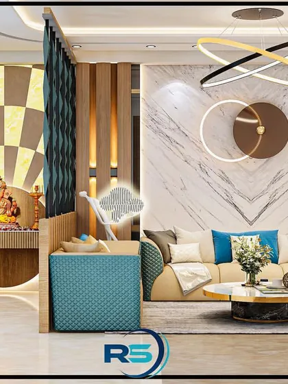 This living room design seamlessly integrates a dedicated mandir space. We used a decorative partition for privacy, while the main area features a modern sofa, a marble-clad accent wall, and contemporary lighting.