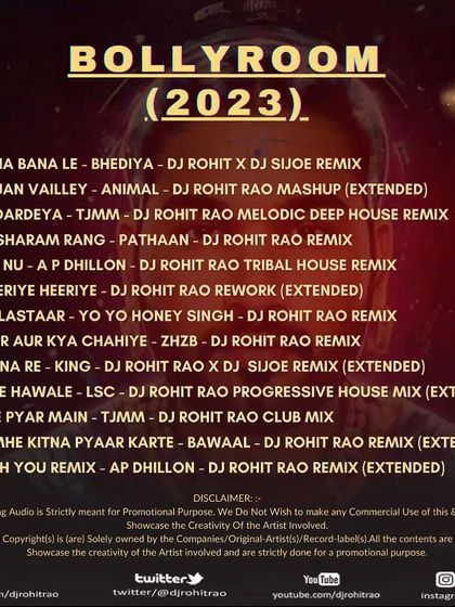 The tracklist for 'Bollyroom 2023'. This album featured 13 of my best remixes and reworks from the year, covering genres from deep house to progressive.