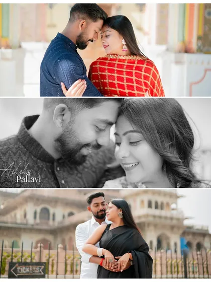A collage of close-up and wide shots of Ashish and Pallavi at Albert Hall Museum, capturing their connection amidst the grandeur of the location.