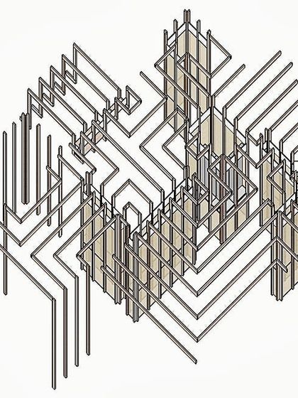 An abstract line drawing exploring the structural logic for a penthouse in Lucknow. The drawing resembles a maze or a natural branching pattern, illustrating the idea of creating organic, interconnected spaces within a geometric framework.