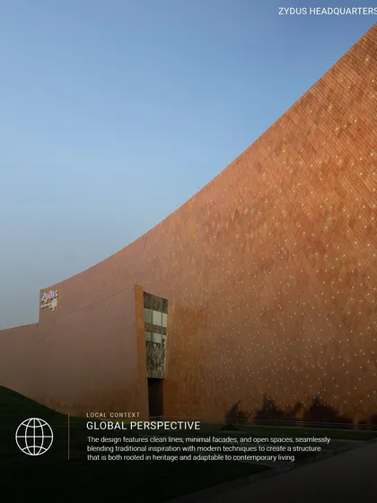 The Zydus Headquarters in Ahmedabad showcases our principle of creating a global perspective rooted in local context. The design features clean lines and open spaces, blending traditional inspiration with modern techniques for a timeless structure.