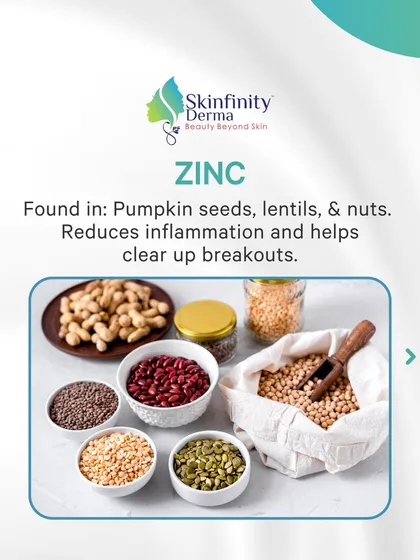 Zinc, found in pumpkin seeds and nuts, is great for reducing inflammation and helping to clear up breakouts. It's an important mineral for maintaining clear skin.