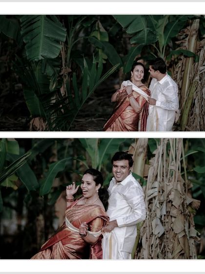 A playful and candid diptych of a couple in a banana grove. Their laughter and interaction show their fun-loving relationship.