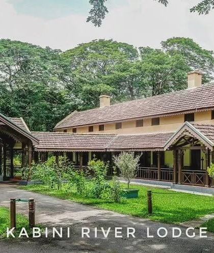 Another perspective of the historic Kabini River Lodge, showcasing its classic design and seamless integration with the natural environment. It's the perfect starting point for your wildlife safari adventures.