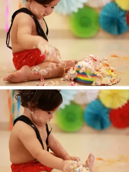 The aftermath of a successful cake smash. These photos are all about capturing the messy, joyful, and hilarious reality of a baby's first taste of birthday cake.