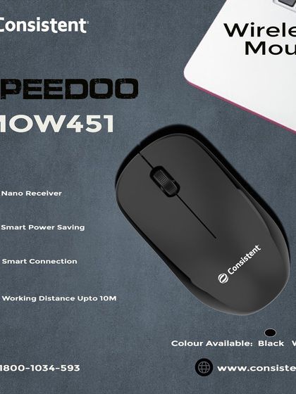 The "Speedoo" wireless mouse is a great companion for productivity, featuring smart power-saving technology and a reliable nano receiver. Available in black and white, it offers a working distance of up to 10 meters for a tangle-free desk.