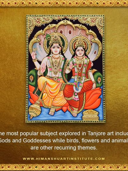 A series of informational images explaining the history and techniques of Tanjore painting, a classical South Indian art form known for its gold foil work and embedded gems.