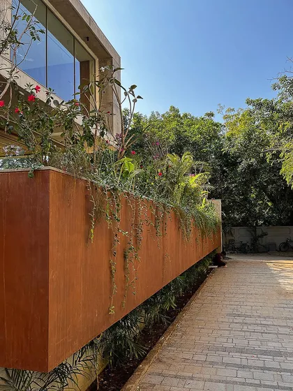 An earlier view of the 'floating house', showing the corten steel planter with young plants. The design uses this raised planter to create a clear separation while allowing the greenery to feel abundant and close.