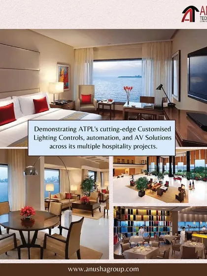 We are a technology-driven company providing customized lighting controls and automation solutions for commercial, hospitality, and residential clients. This collage showcases our diverse work in the hospitality sector.