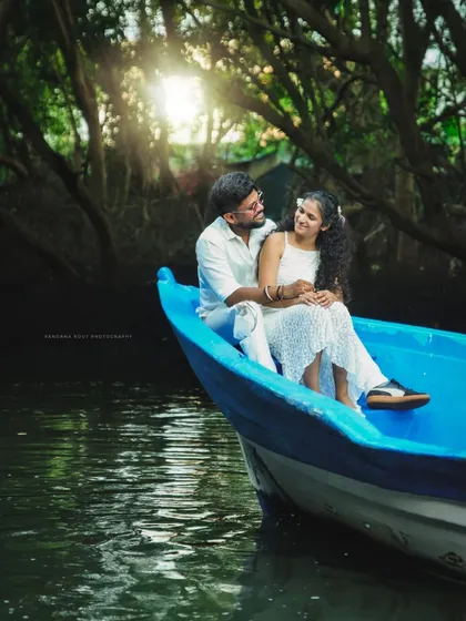 Exploring the serene beauty of Pondicherry's mangrove forests by boat. This unique destination shoot offers a tranquil and picturesque setting for your pre-wedding photos.