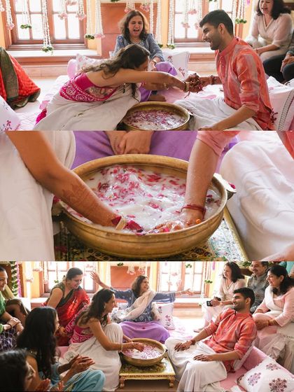 A collage showing the fun and games of post-wedding rituals. It’s a wonderful way to capture the playful interactions between the couple and their families.