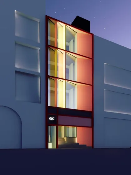 A full view of the conceptual design for the "007" office building in Defence Colony. The colorful, angled facade is designed to stand out in the urban streetscape.