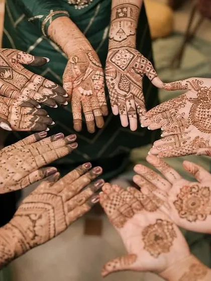 Mehndi is always more fun with your loved ones. Here's a look at a group booking where we created a variety of beautiful designs for the bride and her friends, each with its own unique pattern.