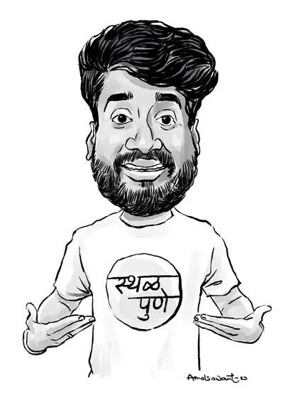 A black-and-white caricature of Pune-based digital creator Atharva Sudame, pointing to his "Sthal Pune" t-shirt.
