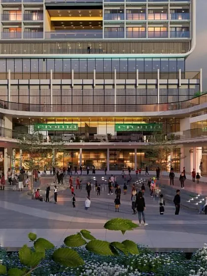 A render of a vibrant commercial courtyard designed for peak activity. The layout provides inviting areas for recreation and strategically placed zones for calmer pauses.