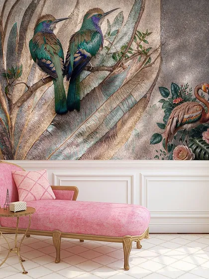 A beautiful and artistic wallpaper featuring colorful birds perched on textured leaves. The design is rich in detail and perfect for a nature lover.