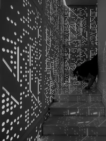 Another monochrome shot capturing the intricate shadows cast by the custom perforated screen. This highlights the texture and graphic quality of the light itself.