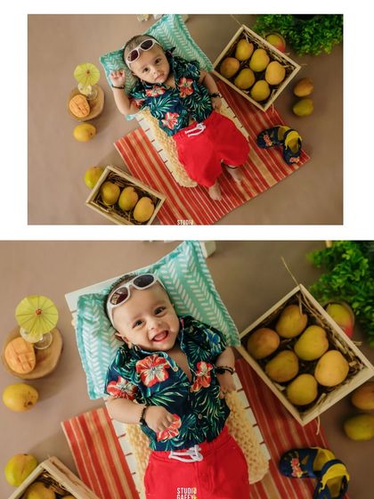 A collage of the baby enjoying the mango season shoot, with smiles and sunglasses.