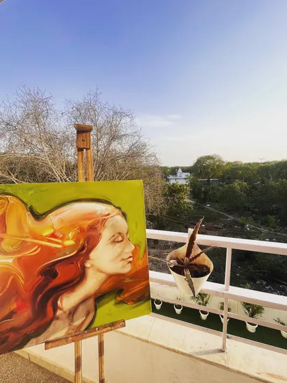 Another small painting on the easel, catching the afternoon sun. I often work on multiple pieces at once, allowing them to dry and develop in their own time.