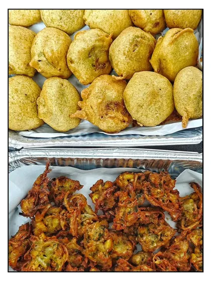 A perfect evening snack for your office team. Here are my steaming hot Batata Wadas and crispy Khekda Bhaji (onion fritters), made fresh and served with care.