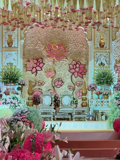 Various angles of the pastel mandap, showcasing the expanse of blooms, the custom seating, the floral aisle, and the intricate details that made this a truly wholesome and majestic celebration.